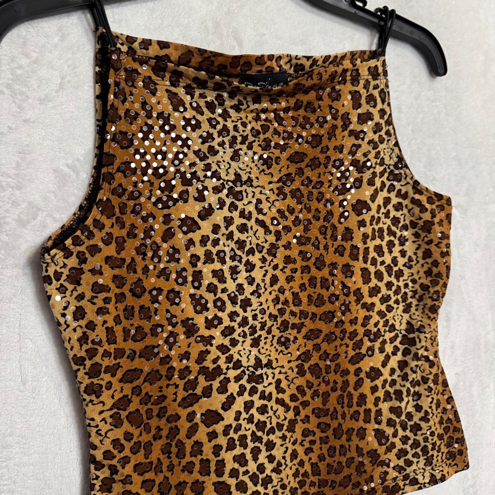 Y2K Leopard Print Crop Top Sequins M Fits S XS Fitted Cami‎ Mob Wife Glam Party - Picture 6 of 13